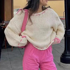 Pydshop Contrast Color Knitted Pullover Sweater Top For Women Drawstring Loose Long Sleeve Splice Autumn Winter Fashion Sweater