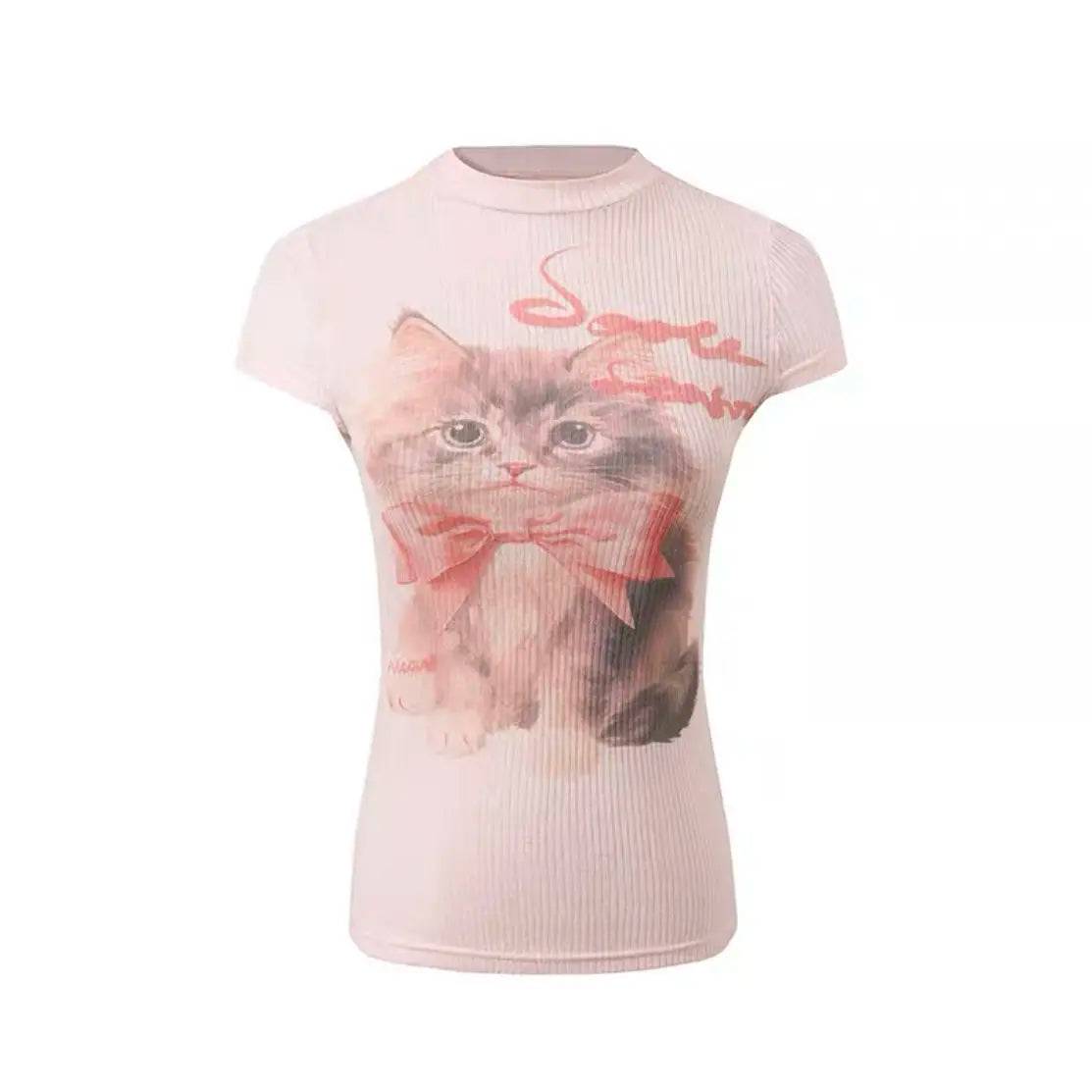 Pydshop Fashion Sweet Cute Cat Print O-neck Pink T-shirts Y2k Grunge Slim Fit Tops Women 2024 Summer New Short Sleeve Tee Shirt
