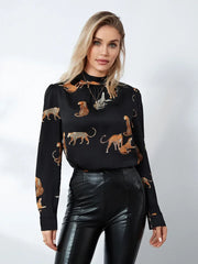 Pydshop Women's Autumn Blouses Retro Leopard Print Long Sleeve Mock Neck Pullover Tops OL Business Basic Shirts Party Clubwear
