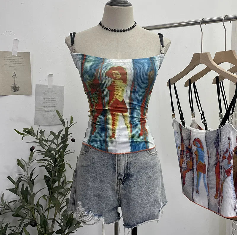 Pydshop Women's Retro Print Chic Camisole Top Sexy Slim Fit Camisole Short Sleeveless Tube Top 8830 Party Casual Holiday Street Outfits