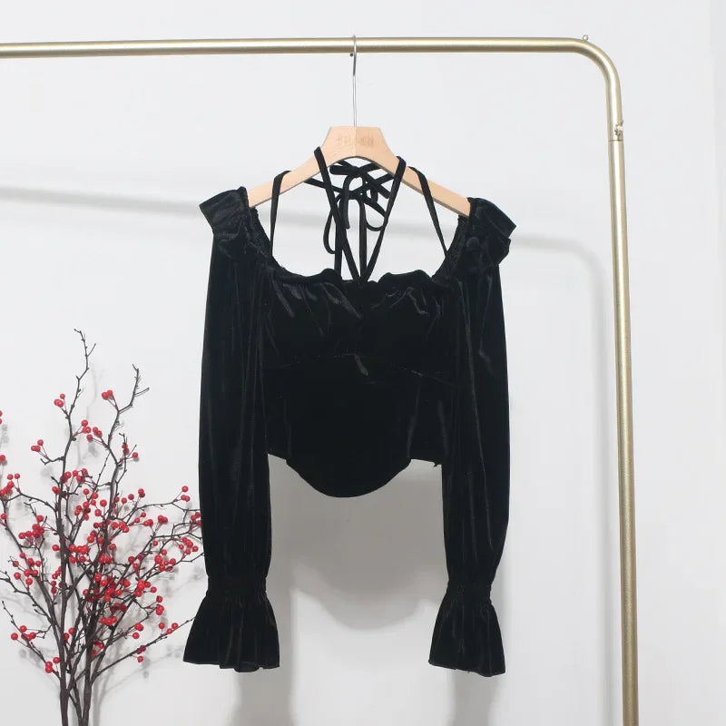 Pydshop Women's Vintage Velvet One Shoulder Halterneck Long Sleeve Shirt Slim Fit Short Hollow Out Lace Up Top Casual Club Streetwear