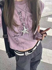 Pydshop Harajuku Graphic T Shirts Women Grunge Kpop Print Long Sleeve Tees Y2K Aesthetic Retro Casual Crop Tops 2000s Fairycore