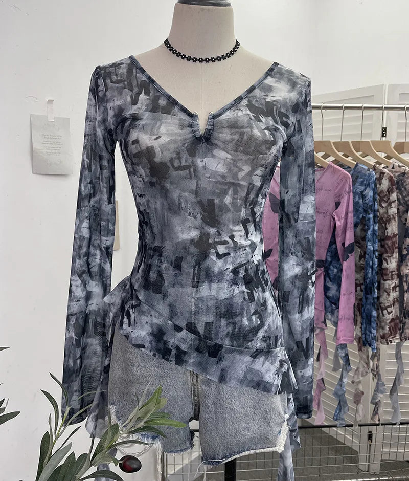 Pydshop Women's Sfumato Printed Mesh Thin Hot Girl Long Sleeve T-Shirt Irregular Ruffled Crop Top V Neck Summer Party Long Sleeve Shirt