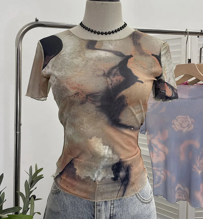 Pydshop Women's 2024 Retro Thin Mesh Butterfly Print Slim Short Sleeve T-Shirt Women's Summer Short Hot Girl Top Holiday Mini Summer Tee