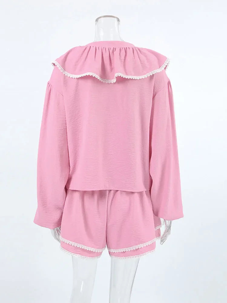Pydshop Lace Ruffled Tops Shorts Fashion Set Ladies Pajamas Home Clothes Fashion Long Sleeve Top Cotton Casual Matching Sets Fall
