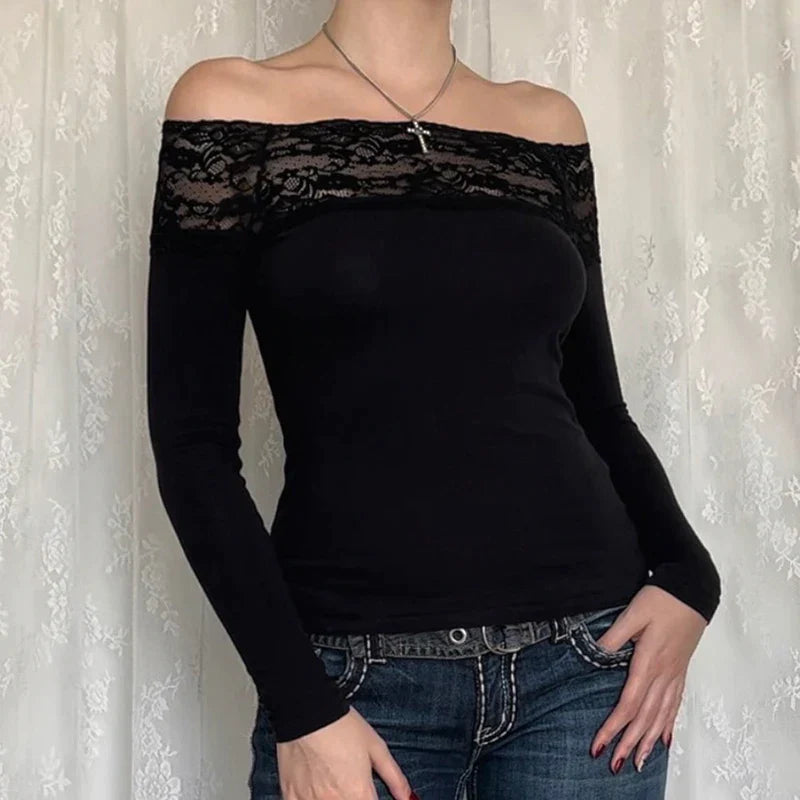 Pydshop 2024 Fashion Woman tops y2k style Vintage Black Skinny Lace Trim Top