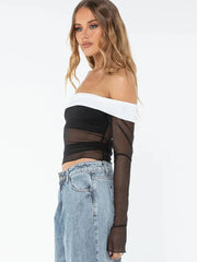 Pydshop Lace Splice Low Neck Off The Shoulders Sheer Top