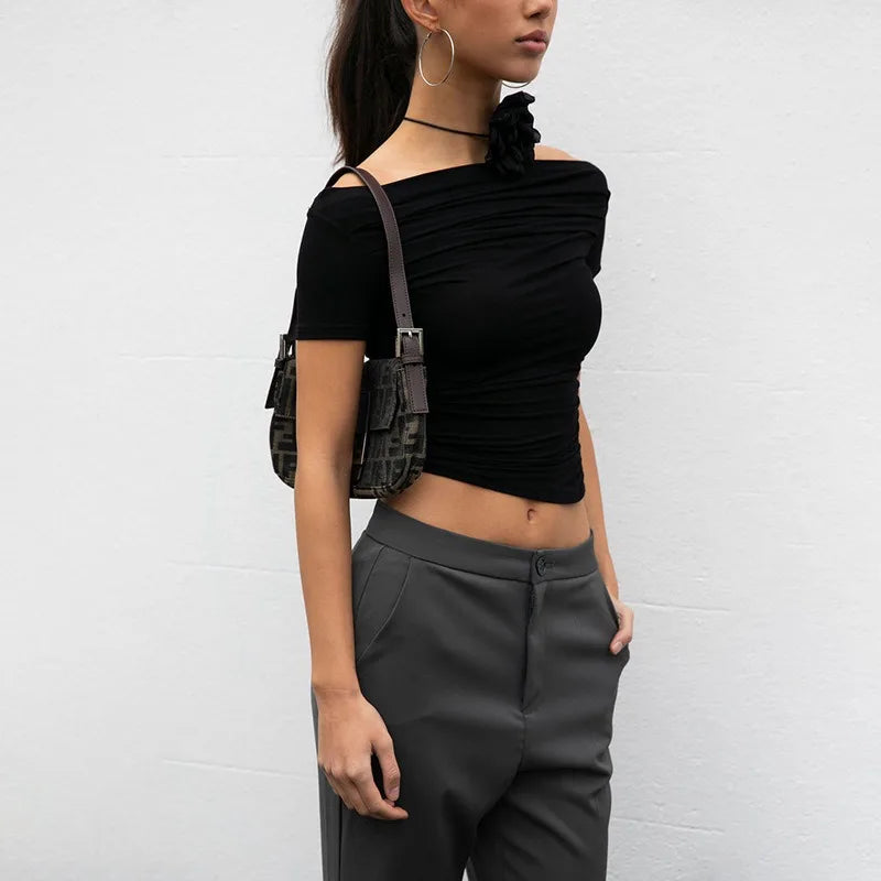 Pydshop Slash Neck Bodycon Top ââ‚?Short Sleeve Solid Color Tee
