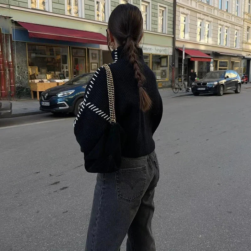 Pydshop Contrast Patchwork Topstitch Sweater Female Pullovers 2024 Autumn Round Collar Warm Knitted Top Chic Long Sleeve Loose