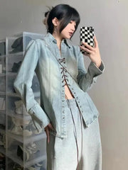 Pydshop Vintage Women Denim Shirts Loose Long Sleeve Casual Bandage Long Shirts Korean Turn Down Collar Streetwear Female Jean Top