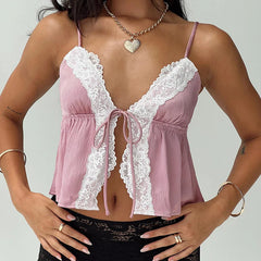 Pydshop Lace Bandage Camisole For Women Stitching Sexy Plunge Backless Hot Girl Y2K Summer Fashion Female Strap Short Crop Top