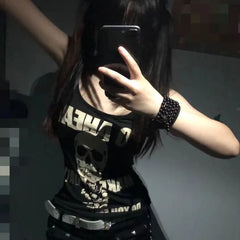 Pydshop Punk Skull Rose Print Vest T-shirts 2024 Summer New Sleeveless Tops Women Y2k Grunge O-neck Slim Fit Black Tee Shirt