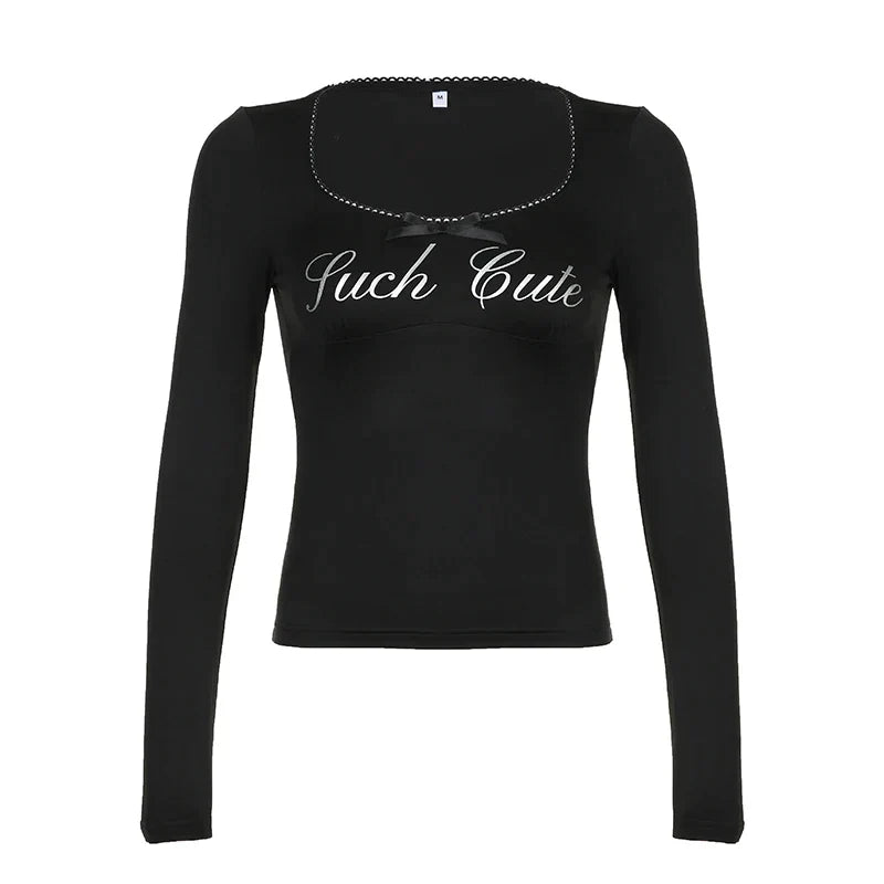 Pydshop 2024 Fashion Woman tops y2k style Black Bow Lace Trim Letter Printed Top