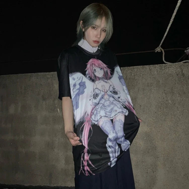 Pydshop Harajuku Anime Cartoon Print O-neck T-shirts 2024 Sumemr New Loose Unisex Tee Shirt Y2k Grunge Short Sleeve Tops Women