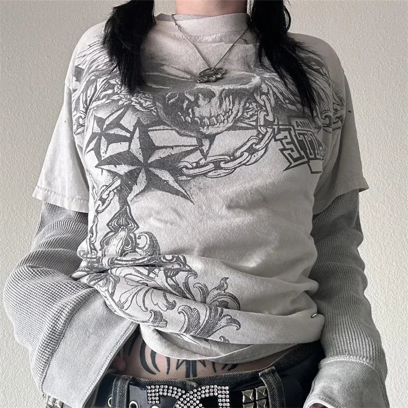 Pydshop Vintage Graphic Print Pullovers Tops Halloween Clothes 2000s Skull Grunge Layered Sleeve Tee Y2K Aesthetic Emo Mall Goth T-shirt