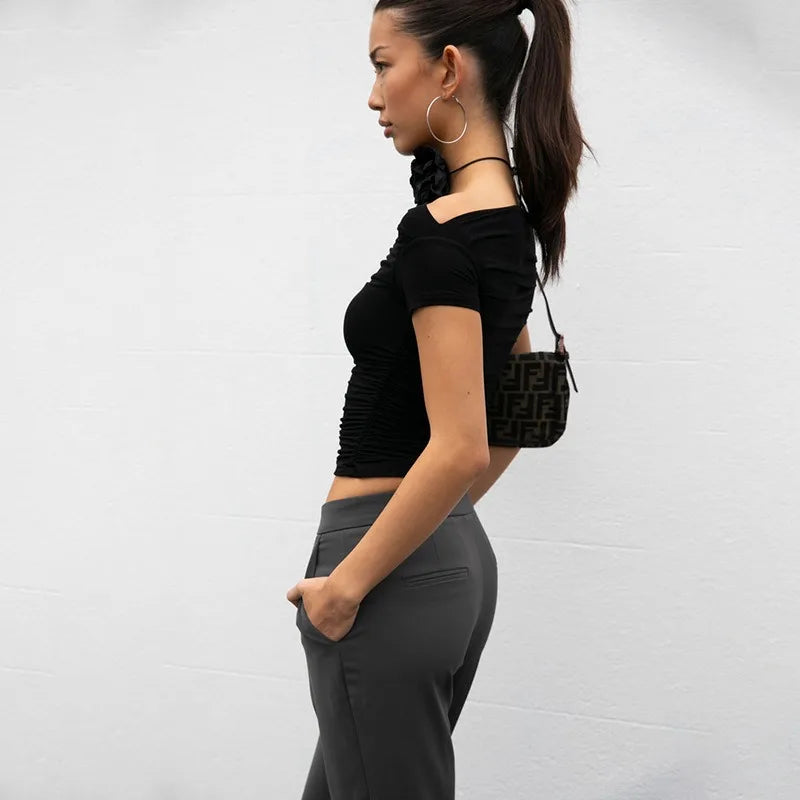 Pydshop Slash Neck Bodycon Top ââ‚?Short Sleeve Solid Color Tee