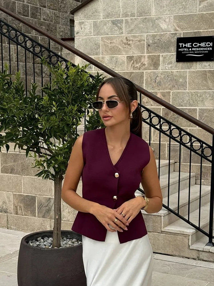 Pydshop Gold Buttons Knitted Tank Top For Women Fashion Solid Sleeveless Slim Fit Knitting Vest Cardigan Autumn New High Street Knitwear