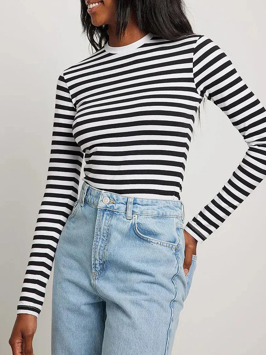 Pydshop Autumn Women Striped Long Sleeve Crop Top Casual Basic Tee Slim Fitted Crew Neck Pullover Tight Shirts Streetwear