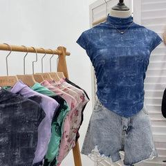 Pydshop Women's Retro Tie Dye Printed Mesh Short Sleeve T-Shirt Chic Sexy Folded Irregular Hot Girl Navel-Baring Vest Top 8721 Outfits