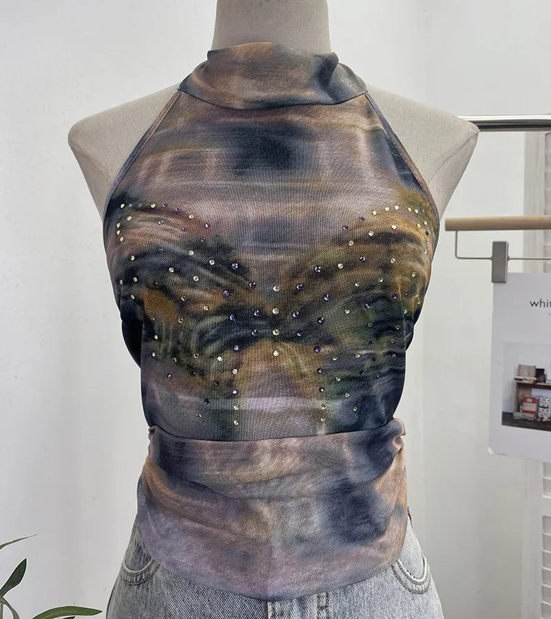 Pydshop Women Sexy Backless Halter Vest Hot Girl's Tight Strap Butterfly Hot Diamond Printed Crop Top Vest Party Leisure Essential Tops