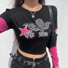 Pydshop Street Goth Rock Retro Harajuku Punk Star Print Rundhalspullover Kurzarm Kurzer Nabel Hohe Taille Top Damenbekleidung Y2K