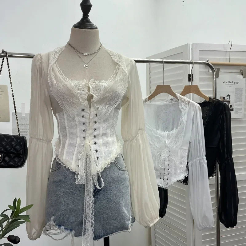 Pydshop Women Retro Lace Up Hollow Out Long Sleeve Top Sexy Slim Fitting Tie Waist Fishbone Shirt Y2K Palace Style Partyclub Streetwear