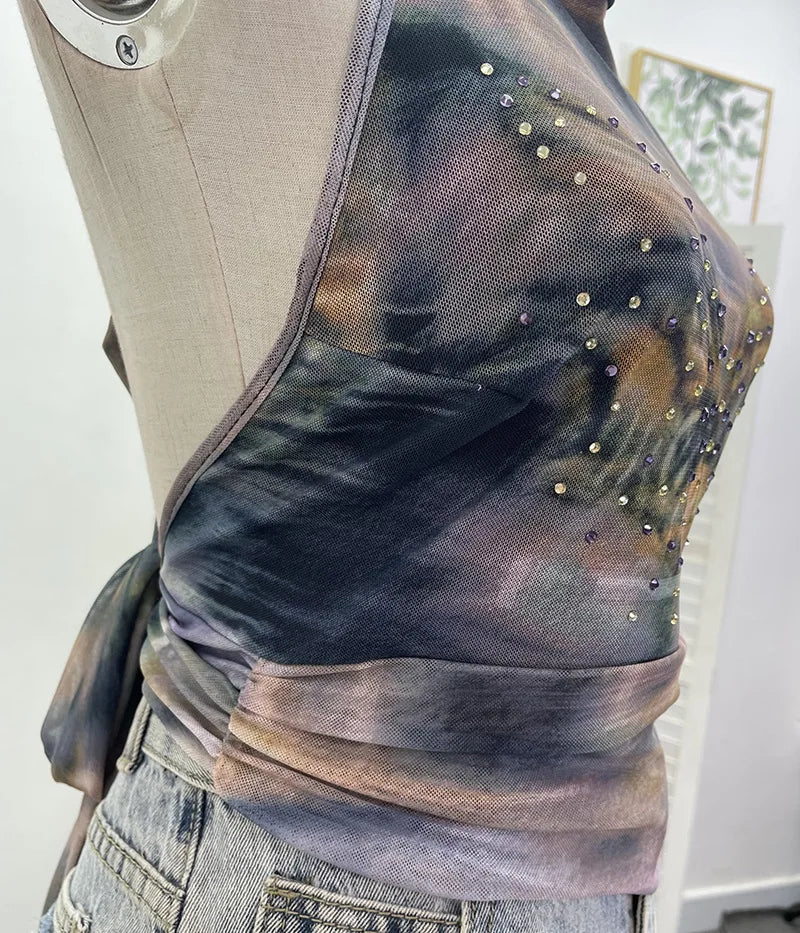 Pydshop Women Sexy Backless Halter Vest Hot Girl's Tight Strap Butterfly Hot Diamond Printed Crop Top Vest Party Leisure Essential Tops
