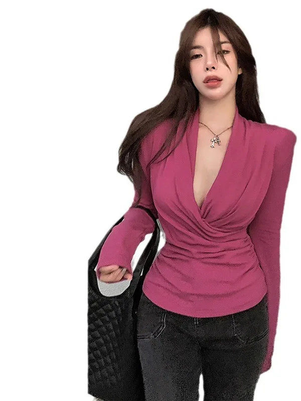 Pydshop Cross V-neck Pleated Bottom T-shirt For Women's Spring New Slim Fit And Slimming Temperament Long Sleeve Shirt Women Top 339Q