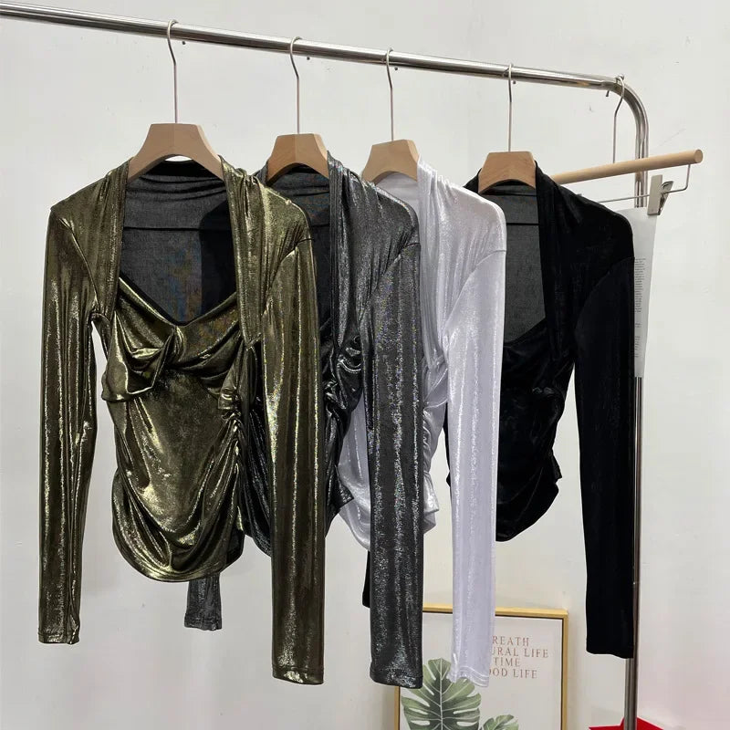 Pydshop Women's Sexy Twist V-neck Pleated Slim Fit Long Sleeve Bottoming Shirt Casual PartyClub Streetwear Y2K Top Essential Outfits8989