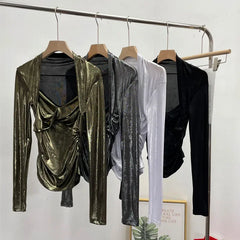 Pydshop Women's Sexy Twist V-neck Pleated Slim Fit Long Sleeve Bottoming Shirt Casual PartyClub Streetwear Y2K Top Essential Outfits8989