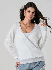 Pydshop Women's V-neck Oversized Sweaters Contrast Y2k Milkmaid T-Shirt Autumn Long Sleeved Fashion Knit Sweater Pullover Top Streetwear