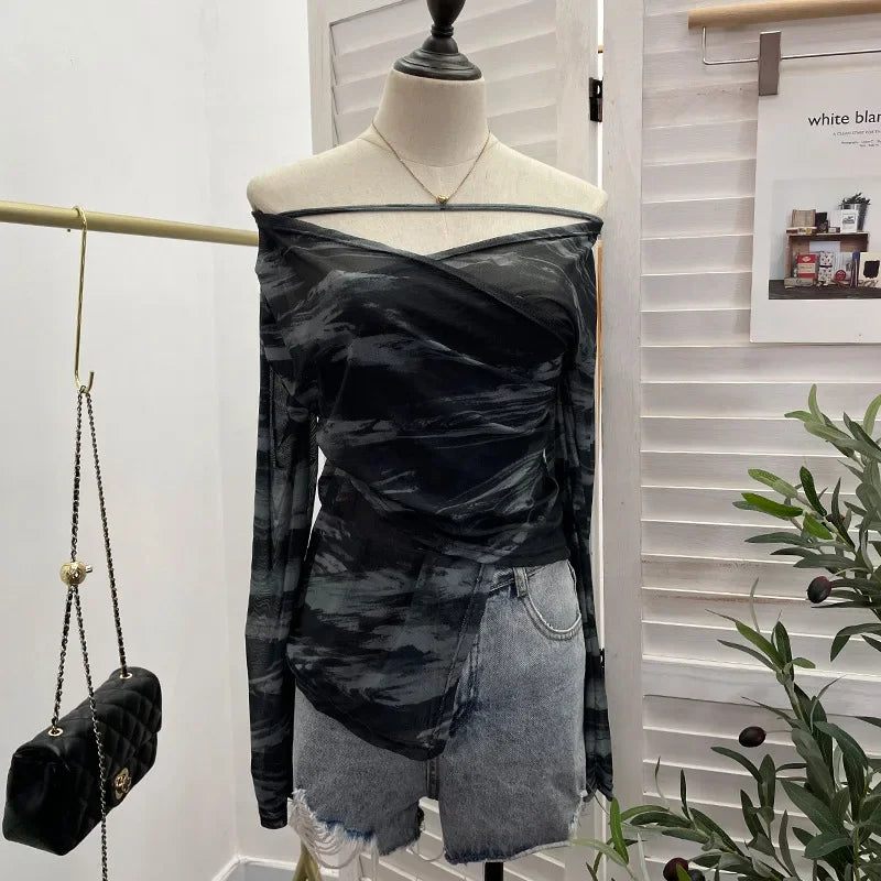 Pydshop Women's Sexy Irregular Cross V-Neck Long Sleeve Top Sexy Tie Dye Print Pleated Mesh Off Shoulder Top Casual Party Streetwear