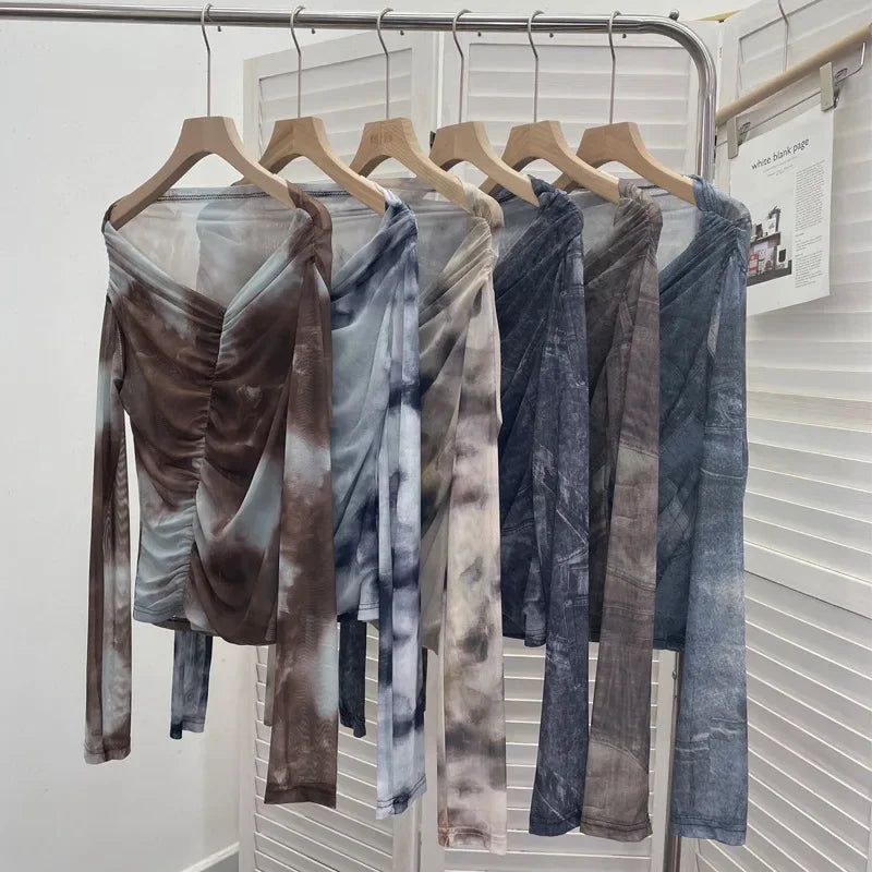 Pydshop Women's Retro One Shoulder Tie Dye Print Mesh Long Sleeve Top Irregular Pleated Slim T-shirt Blouse PartyClub Wear Streetwear