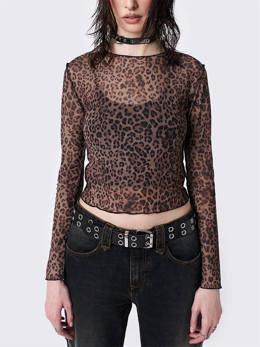 Pydshop Women Y2k Sheer Mesh Top Leopard Long Sleeve See Through Layering Shirt Vintage Fairy Grunge Tee Slim Fit Lace Crop Top