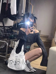 Pydshop Sweet Gray Off Shoulder Sweaters Mujer Y2k Long Sleeve Tops Womn+ Irregular Slim Fit Halter Vest Spring Autumn Two Piece Sets