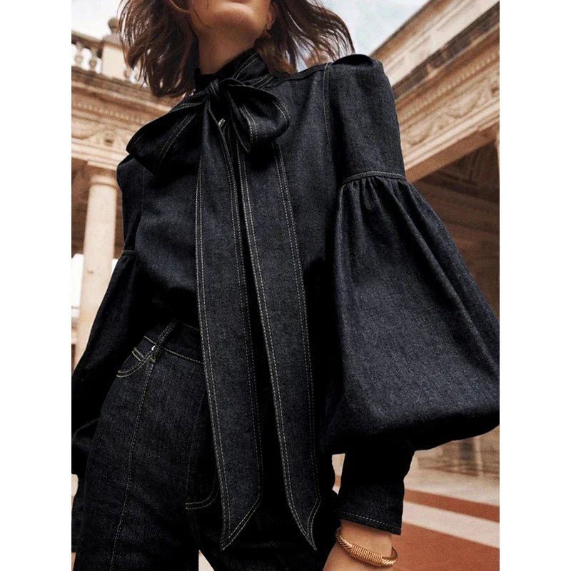 Pydshop Denim Puff Sleeve High Neck Top