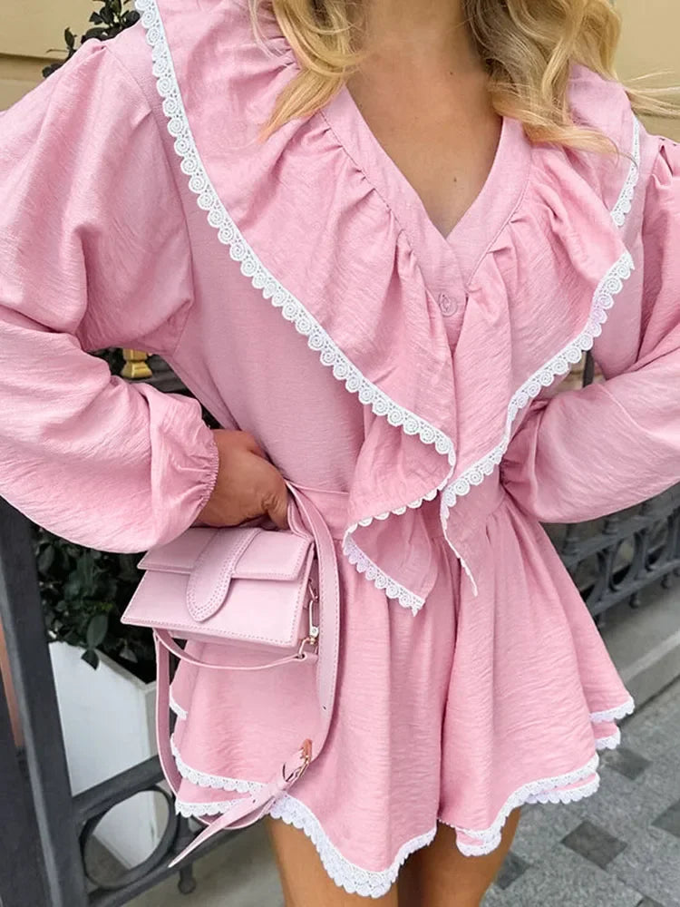 Pydshop Lace Ruffled Tops Shorts Fashion Set Ladies Pajamas Home Clothes Fashion Long Sleeve Top Cotton Casual Matching Sets Fall