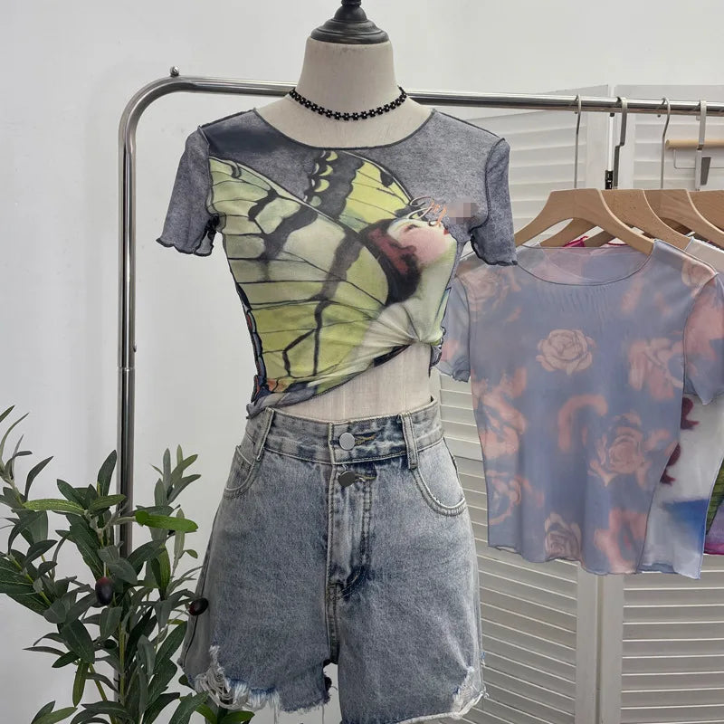 Pydshop Women's 2024 Retro Thin Mesh Butterfly Print Slim Short Sleeve T-Shirt Women's Summer Short Hot Girl Top Holiday Mini Summer Tee