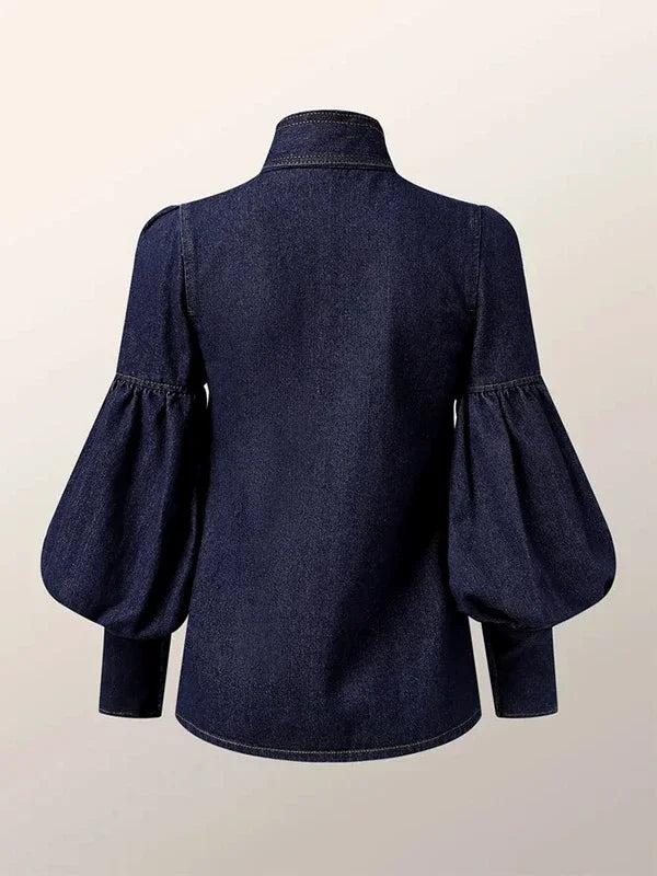 Pydshop Denim Puff Sleeve High Neck Top