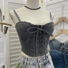 Pydshop Women  Women Sexy Chic Denim Crop Top Lace Up With Padded Adjustable Shoulder Straps Bow Short BandeauTop Summer Y2K Club Wear