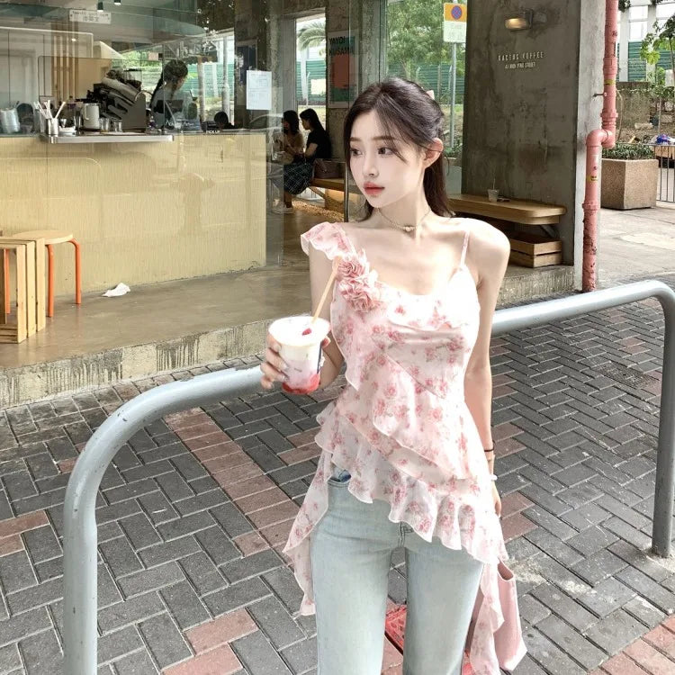 Pydshop Vintage Irregular Floral Camisole Tops 2024 Summer New Slim Fit Ruffles Tank Top Fashion Sexy Off Shoulder Vest for Women
