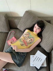 Pydshop Cute Cat Short Sleeve Print Vest for Women 2024 Summer New Slim Fit Sexy Tank Top Y2k E-Girl O-neck Sleeveless Tops Mujer