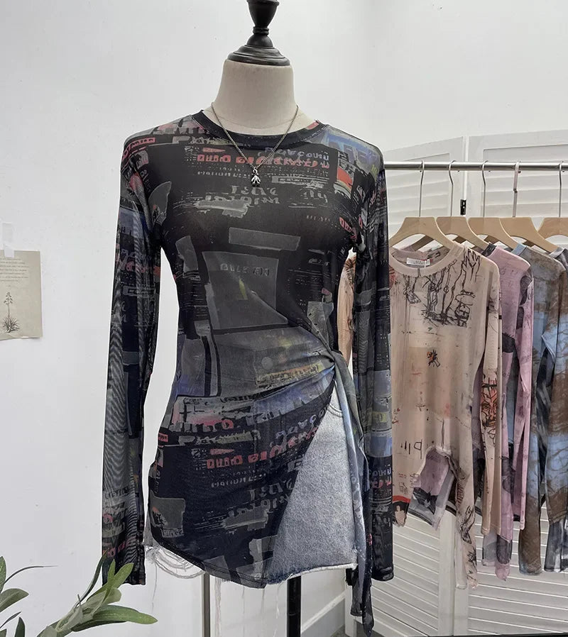 Pydshop Women's Retro Tie Dye Printed Mesh Bottoming Long Sleeve Top Sexy See-through Irregular Strappy Short T-Shirt Party Streetwear
