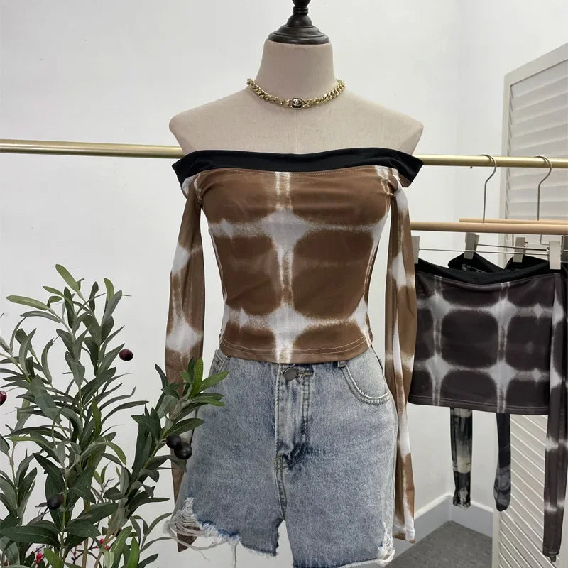 Pydshop Women's Sexy Boat Neck Double Layer Mesh Long Sleeve T-Shirt TieDye Print Short Navel Baring Hottie Top 2300 PartyClub Outfits