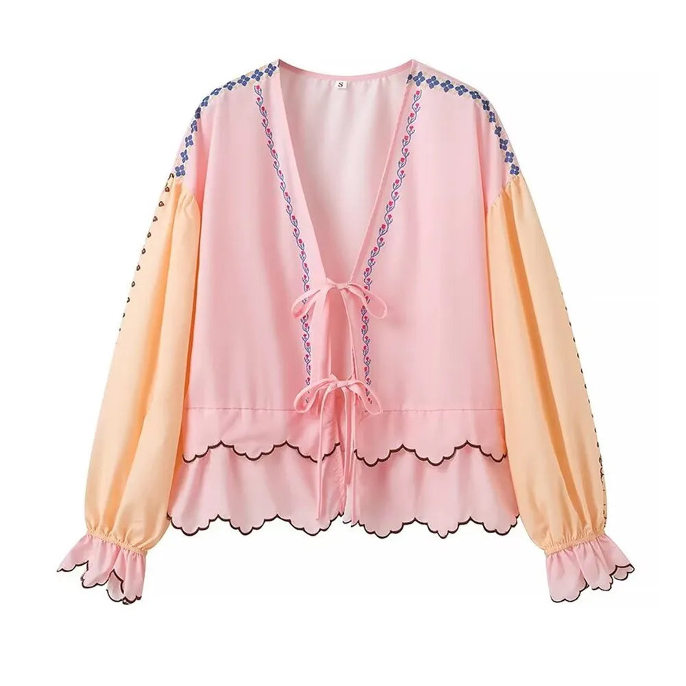 Pydshop Contrast Puff Sleeve V-Neck Lacing Up Bow Wave Line Hem Top