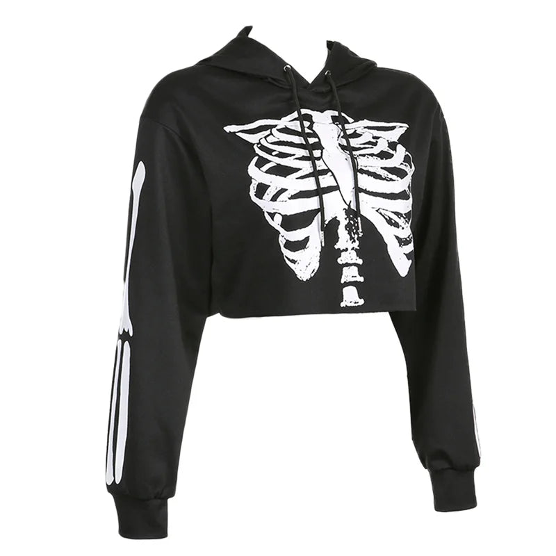 Pydshop Women Y2k Gothic Crop Sweatshirt Skeleton Halloween Long Sleeve Hoodie Top Casual Goth Pullover Crop Top Emo Clothings