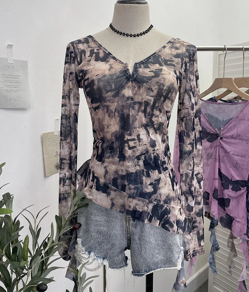 Pydshop Women's Sfumato Printed Mesh Thin Hot Girl Long Sleeve T-Shirt Irregular Ruffled Crop Top V Neck Summer Party Long Sleeve Shirt