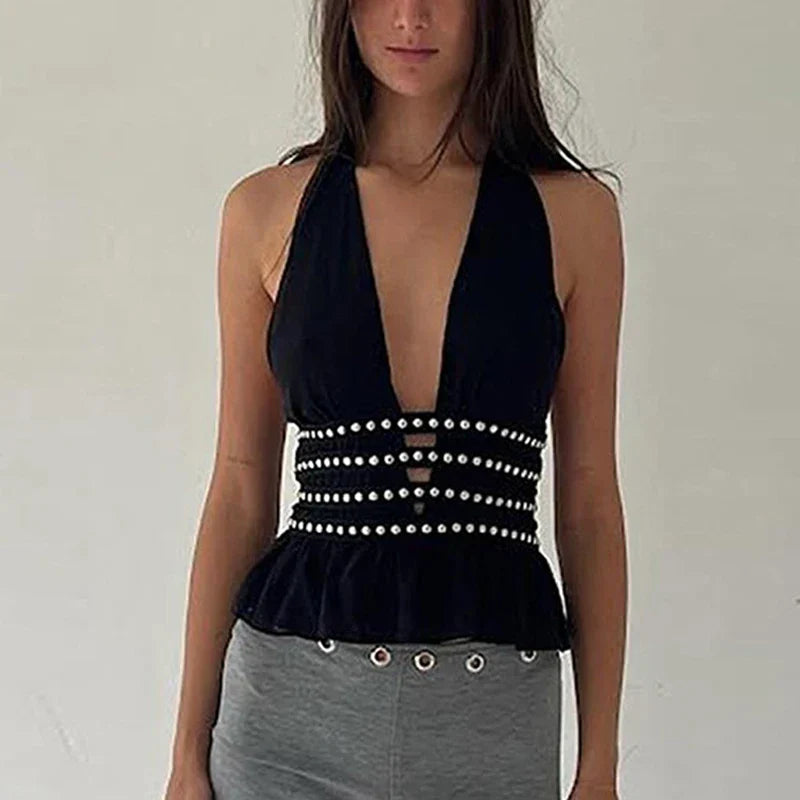 Pydshop Beading Deep V Halter Neck Open Back Crop Top