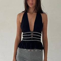 Pydshop Beading Deep V Halter Neck Open Back Crop Top