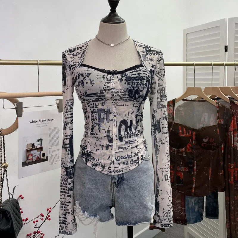 Pydshop Ladies Retro Elegant Square Neck Lace Spliced Tie Dye Mesh Long Sleeves Blouse Tight Hot Girl Short Top With Padded Breasts 1386